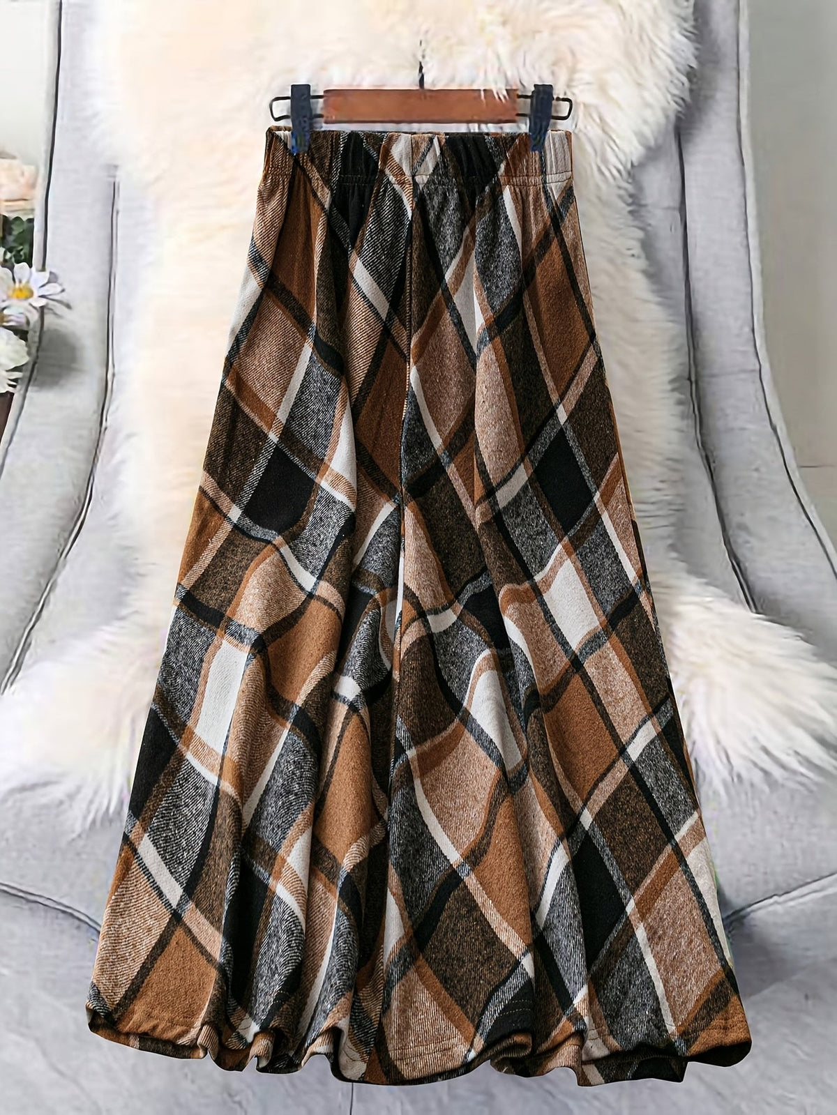 Plaid A Line Skirt with Flared Cut and Knee Length Coverage