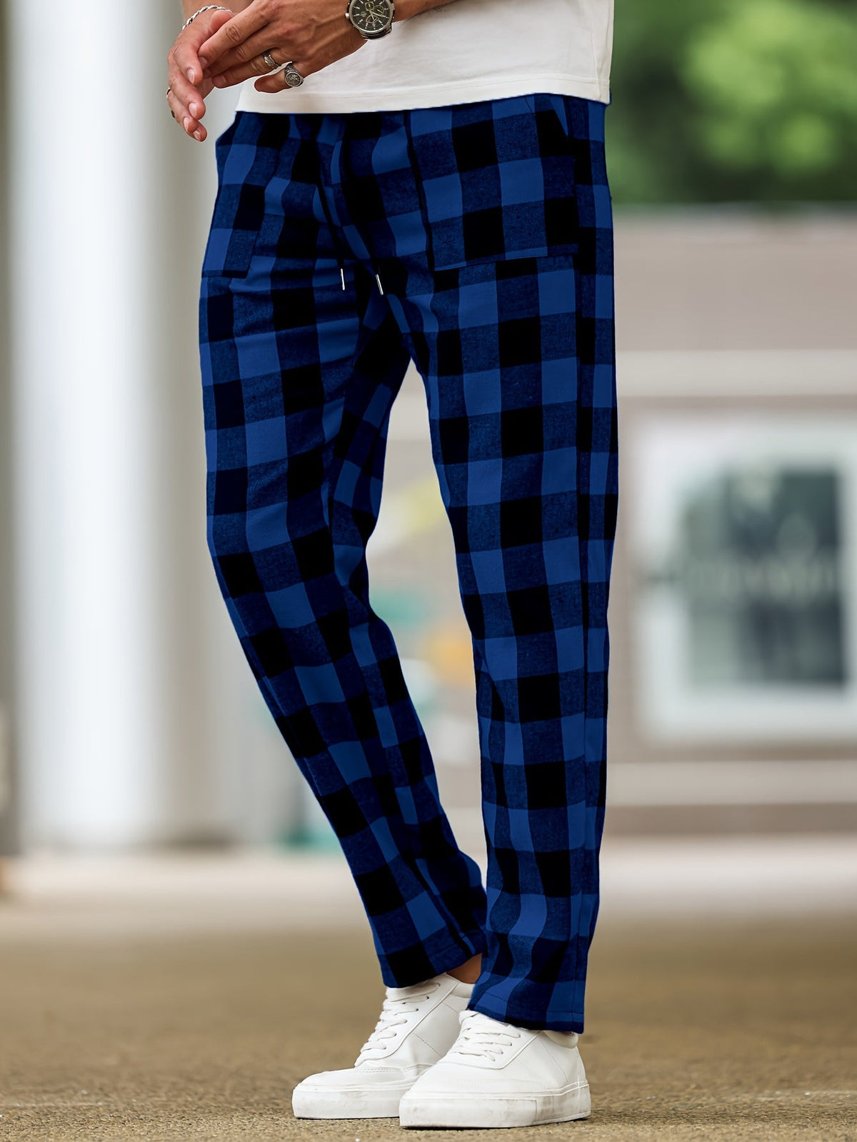 Plaid Lounge Pants with Elastic Drawstring Waist and Relaxed Leg Cut