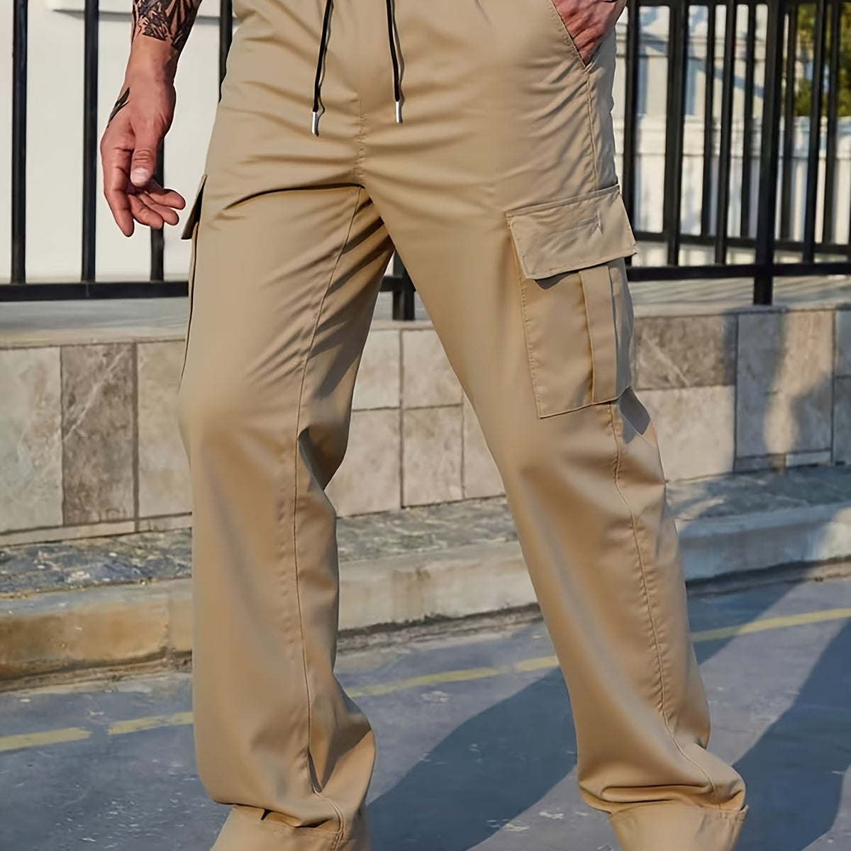 Cargo Pants with Adjustable Drawstring Waist and Multiple Pockets, Straight Leg