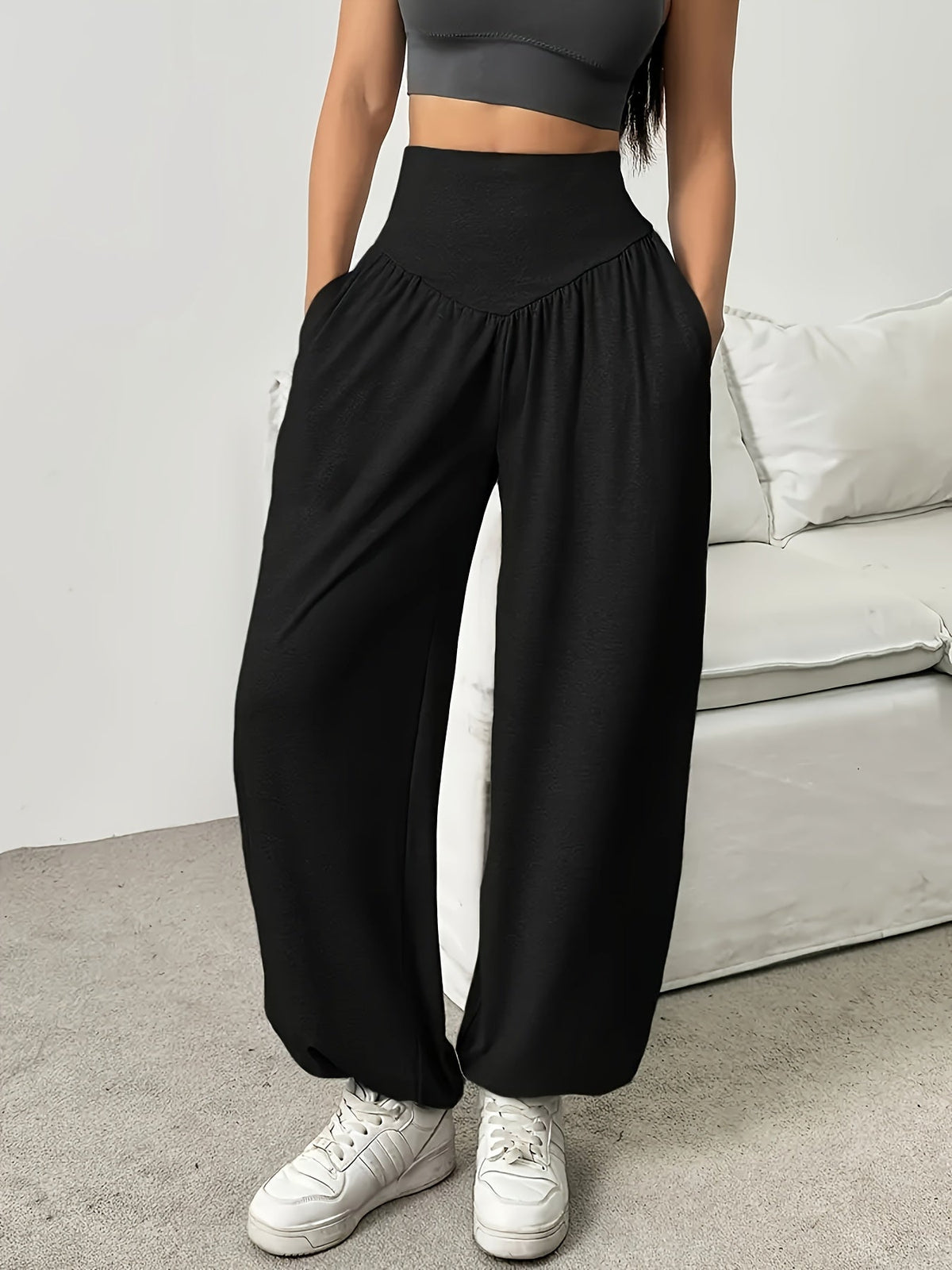 High Waist Balloon Pants with Crossover Waistband, Cuffed Ankles and Side Pockets