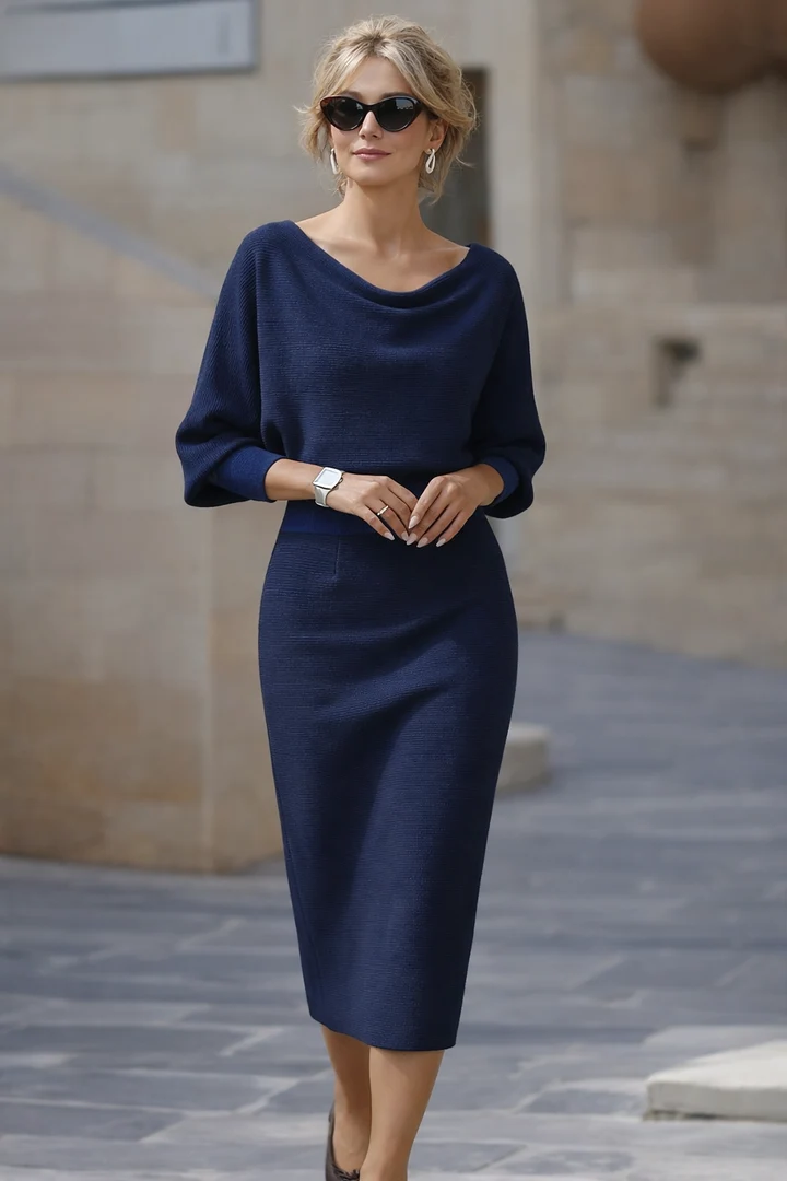 Draped Midi Dress with Cowl Neckline and Batwing Sleeves, Mid Calf Length