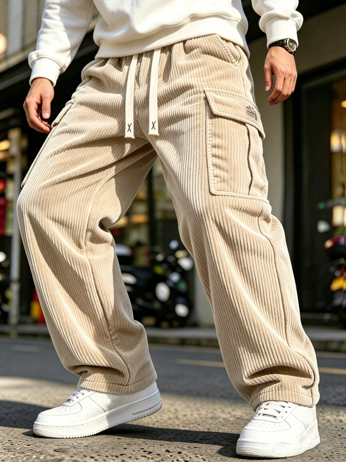 Relaxed Cargo Trousers with Drawstring Waist and Textured Fabric, Machine Washable
