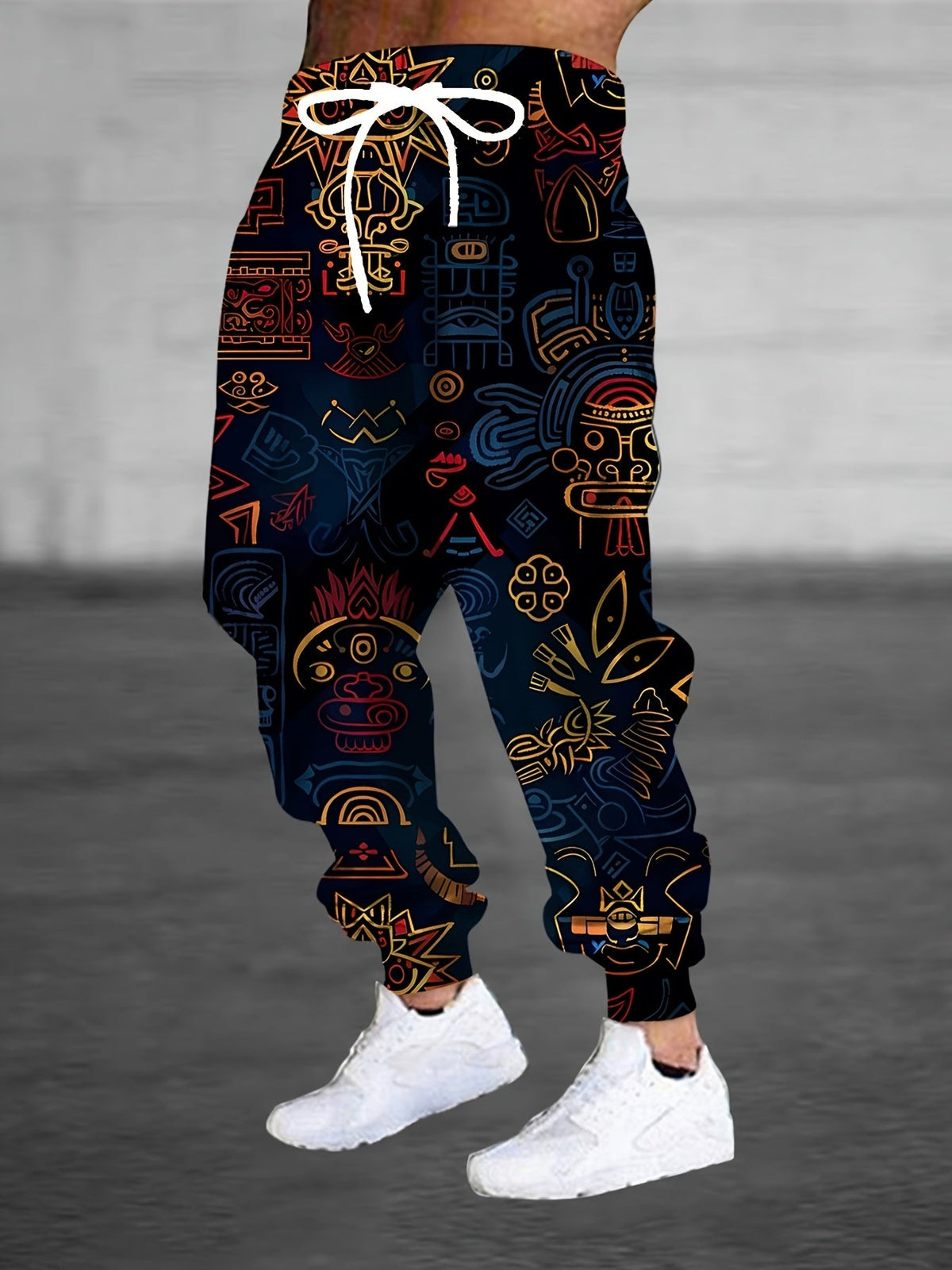 Artistic Print Joggers with Tapered Legs and Drawstring Waist, Cuffed Ankles