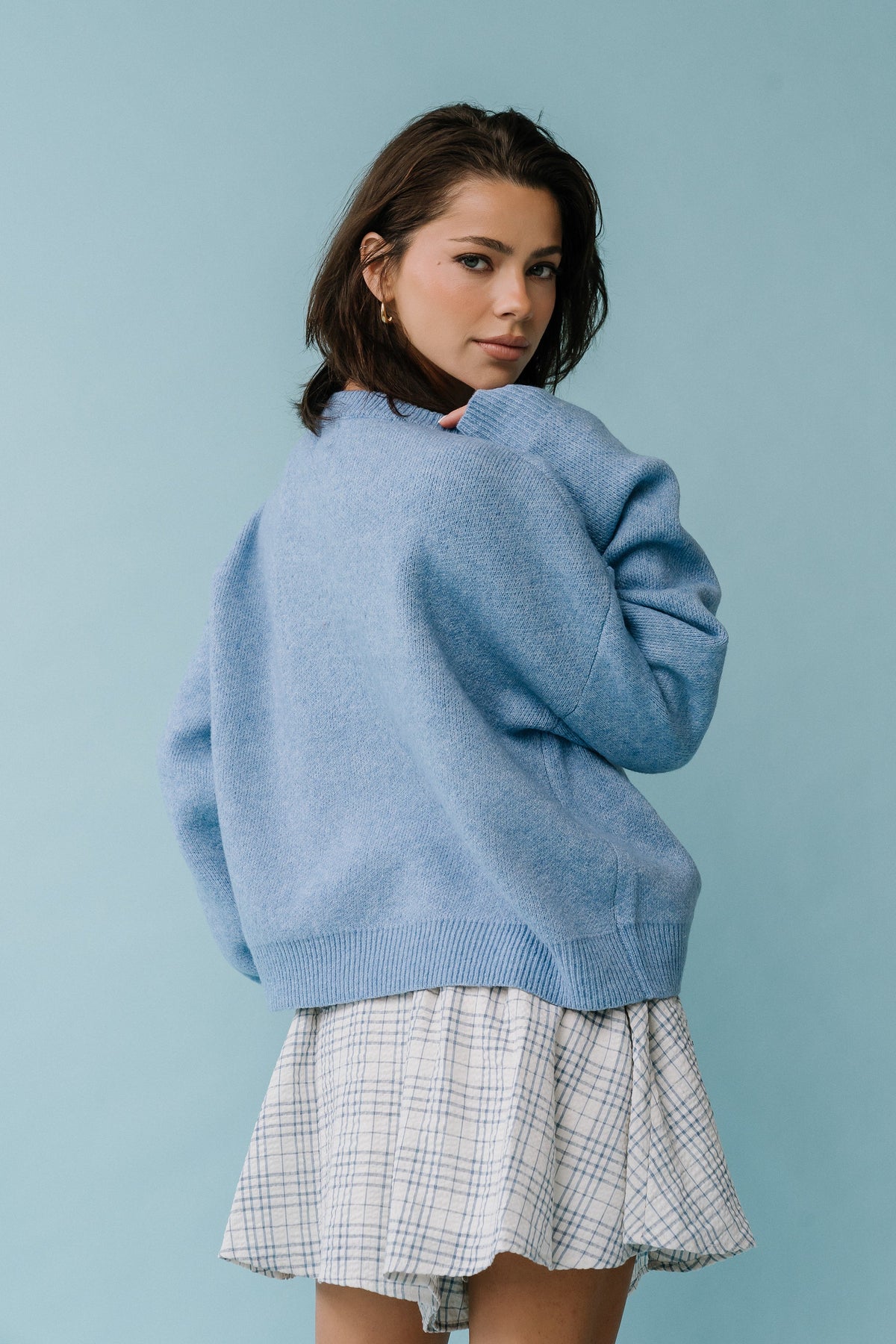 Stretch Knit Cardigan with Button Front and Ribbed Cuffs Light Blue
