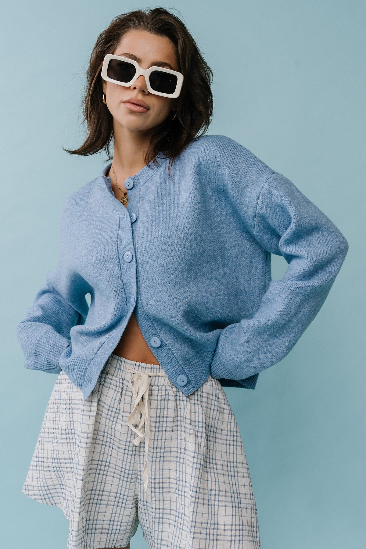 Stretch Knit Cardigan with Button Front and Ribbed Cuffs Light Blue