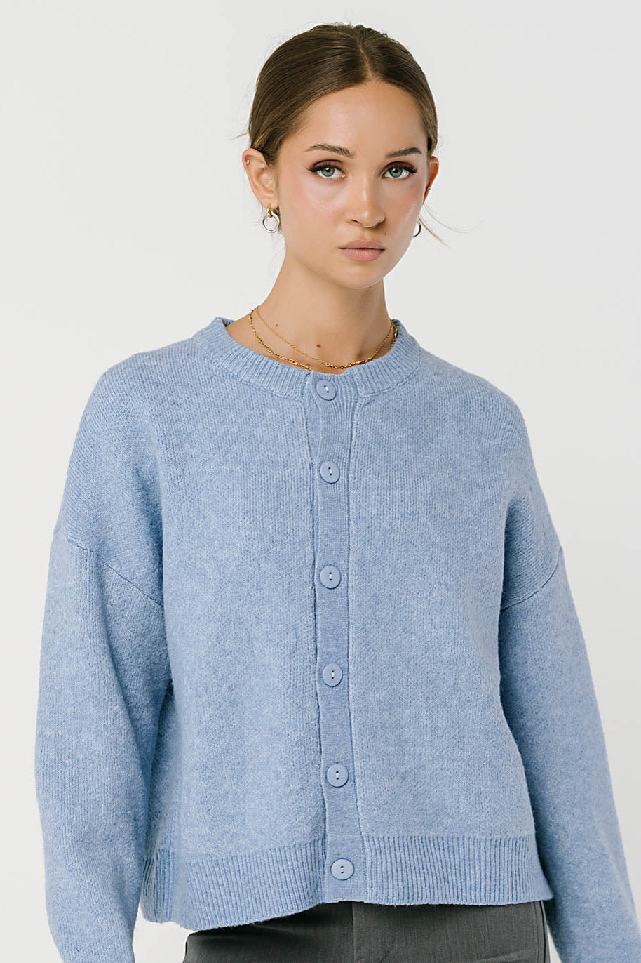 Stretch Knit Cardigan with Button Front and Ribbed Cuffs Light Blue
