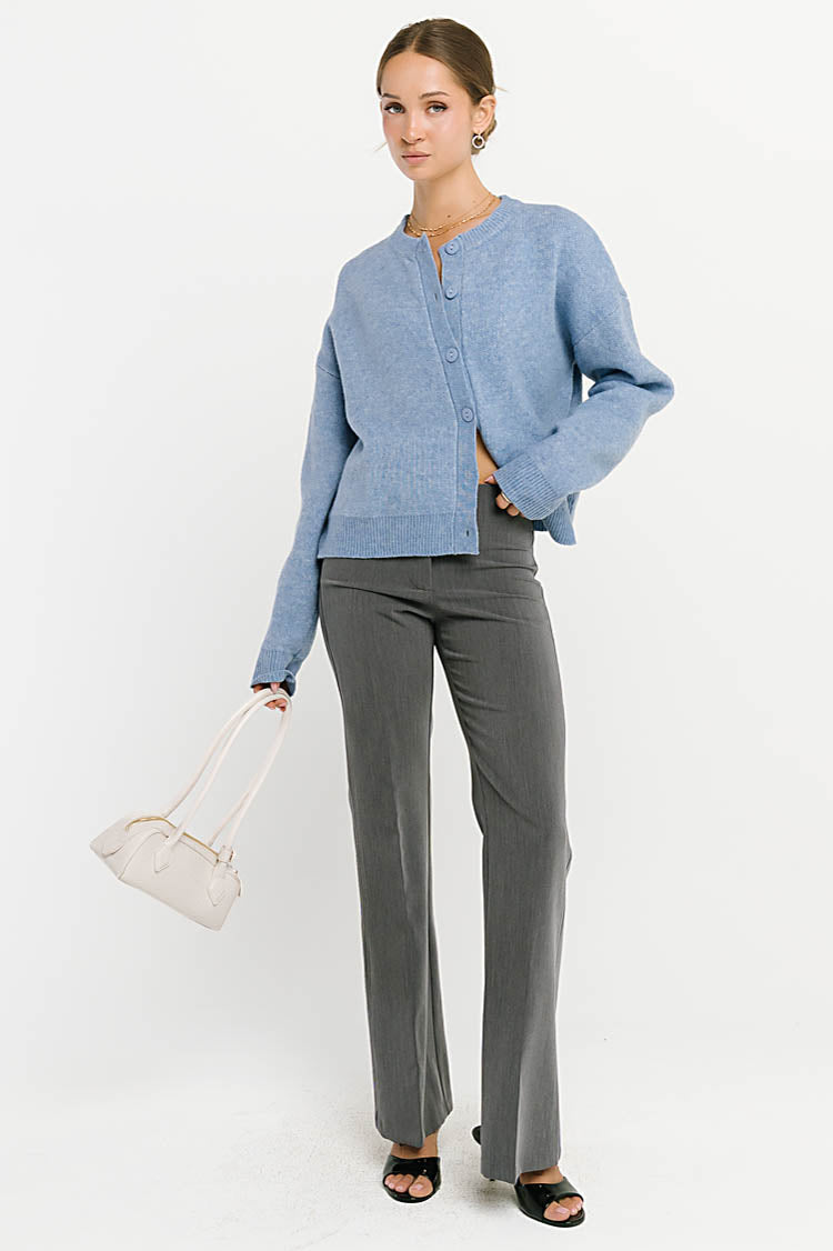 Stretch Knit Cardigan with Button Front and Ribbed Cuffs Light Blue
