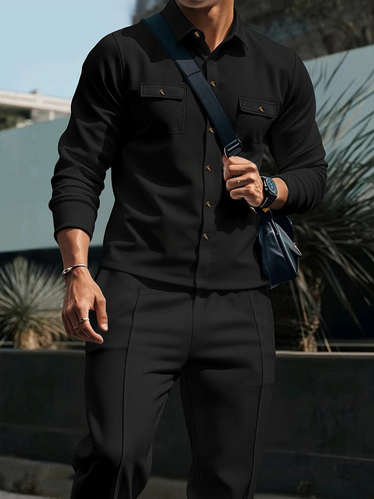 Button Front Top and Matching Trousers with Drawstring Waist, Textured Fabric