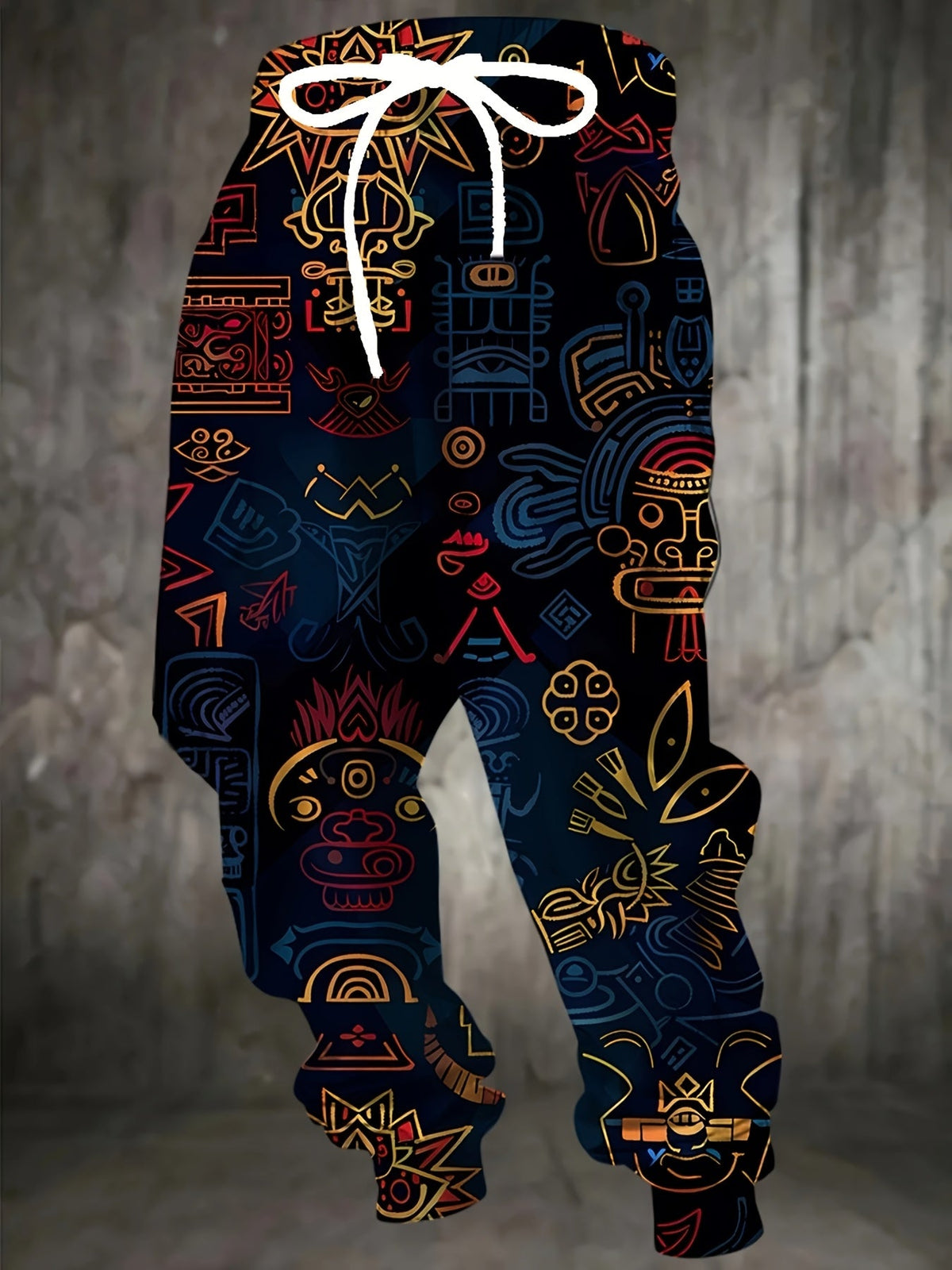 Artistic Print Joggers with Tapered Legs and Drawstring Waist, Cuffed Ankles