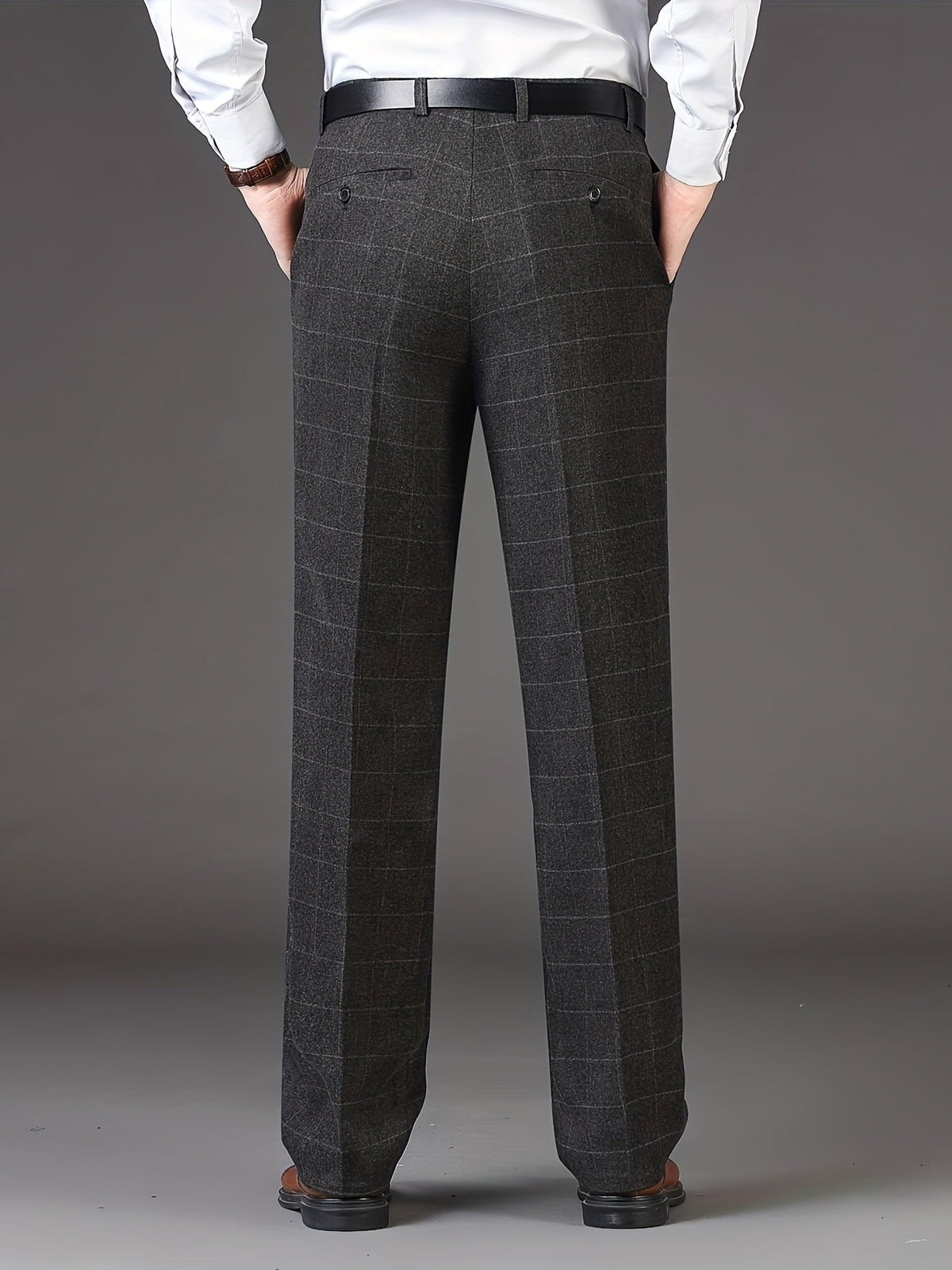 Straight Leg Trousers with High Rise Waist and Check Pattern, Wrinkle Resistant