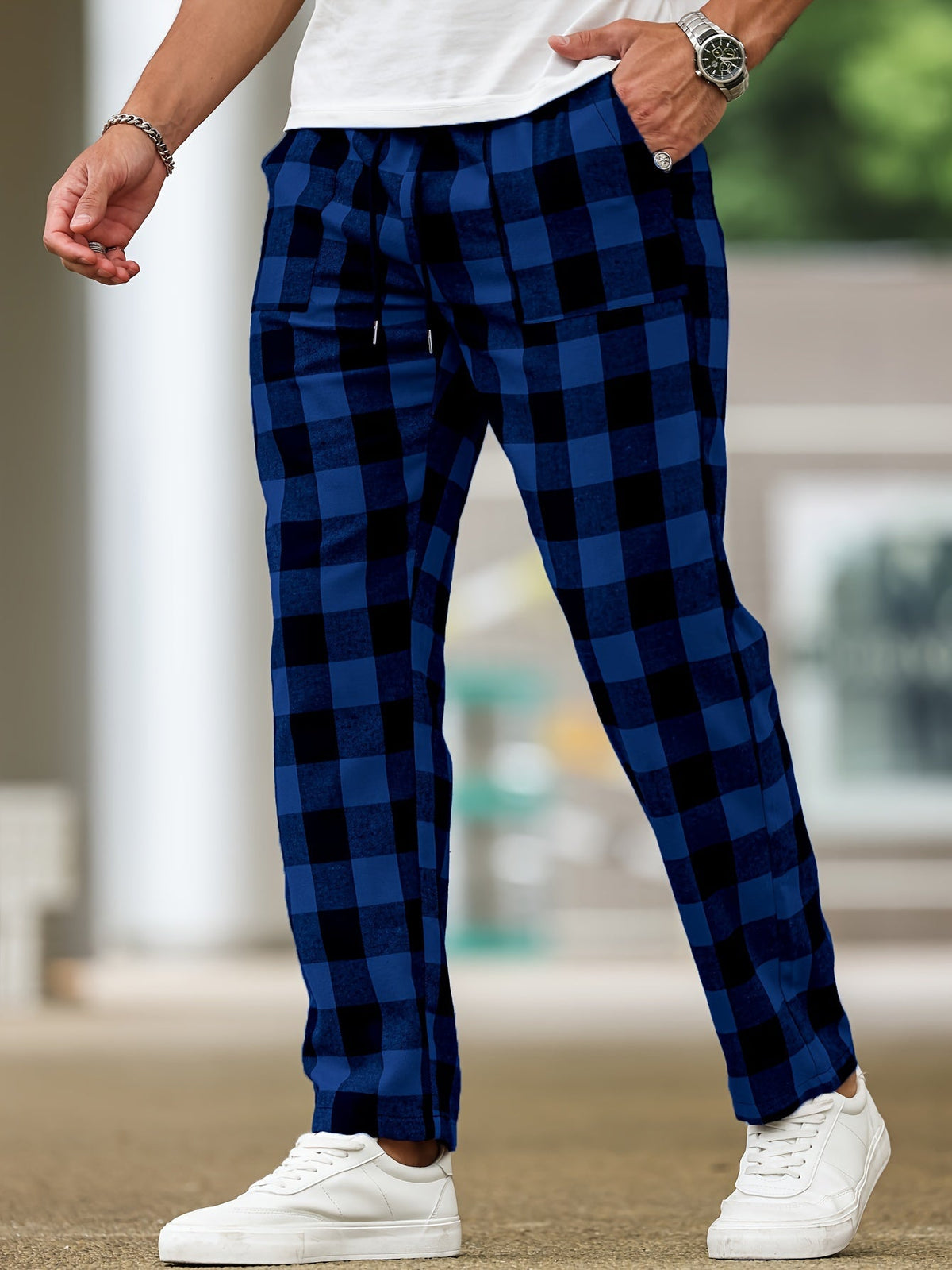 Plaid Lounge Pants with Elastic Drawstring Waist and Relaxed Leg Cut