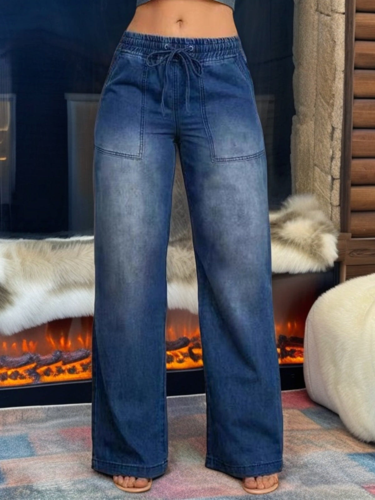 Wide-Leg Trousers with Adjustable Drawstring Waist and Light Wash