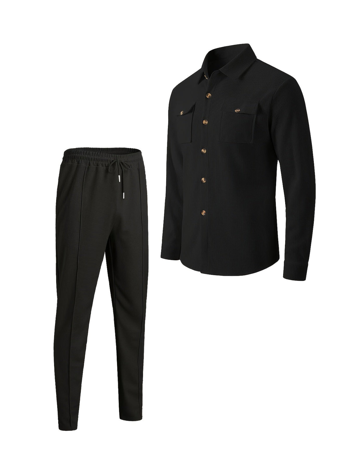 Button Front Top and Matching Trousers with Drawstring Waist, Textured Fabric