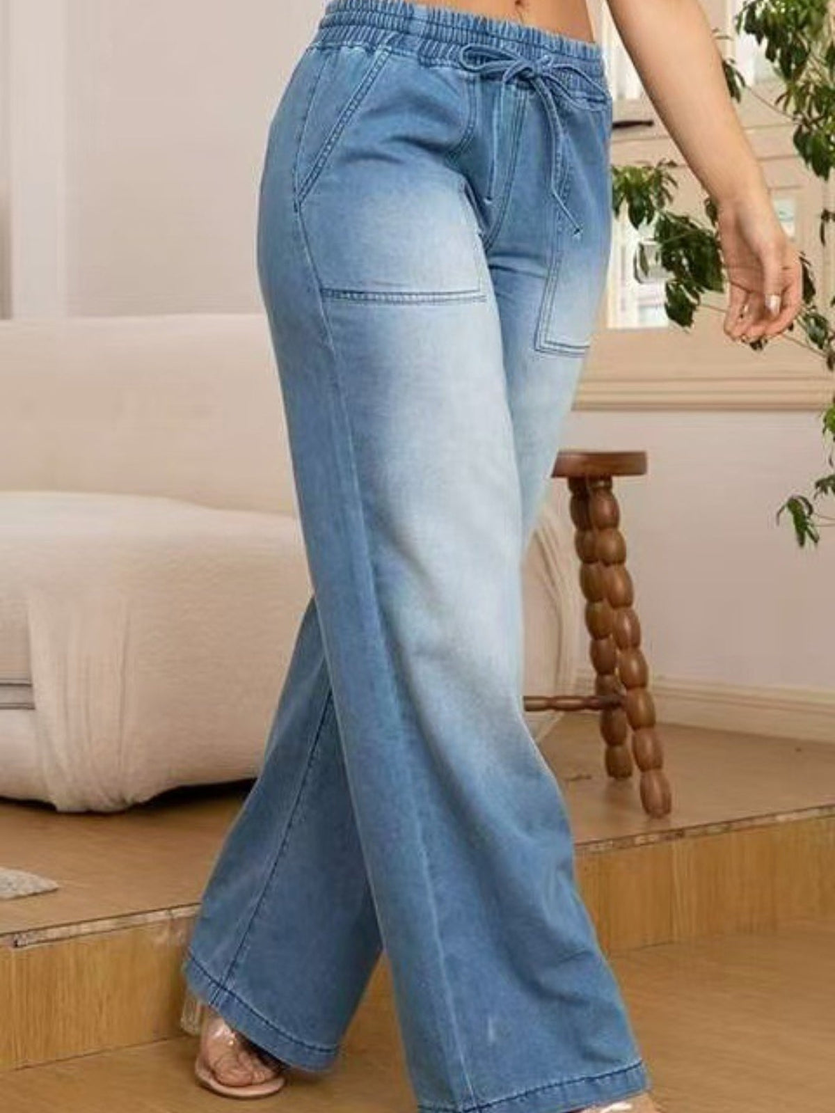 Wide-Leg Trousers with Adjustable Drawstring Waist and Light Wash