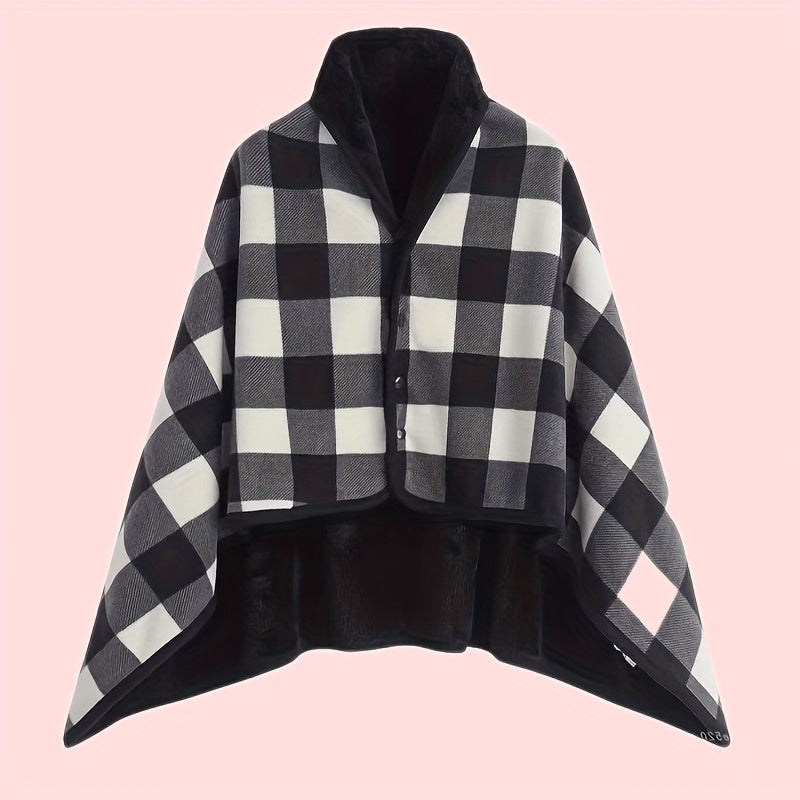 Plaid Shawl with Button Closure and Shoulder Drape Coverage