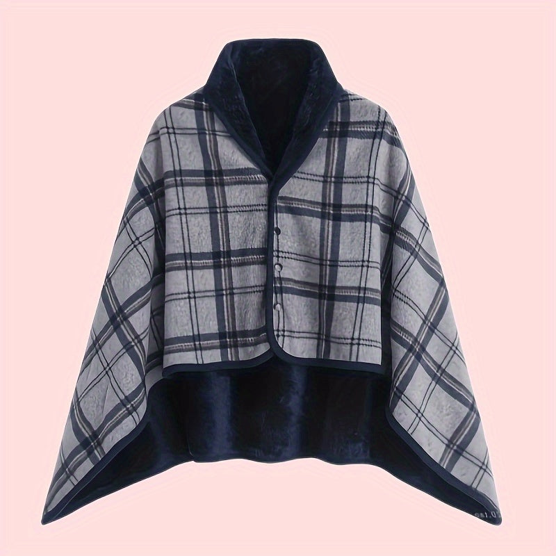 Plaid Shawl with Button Closure and Shoulder Drape Coverage