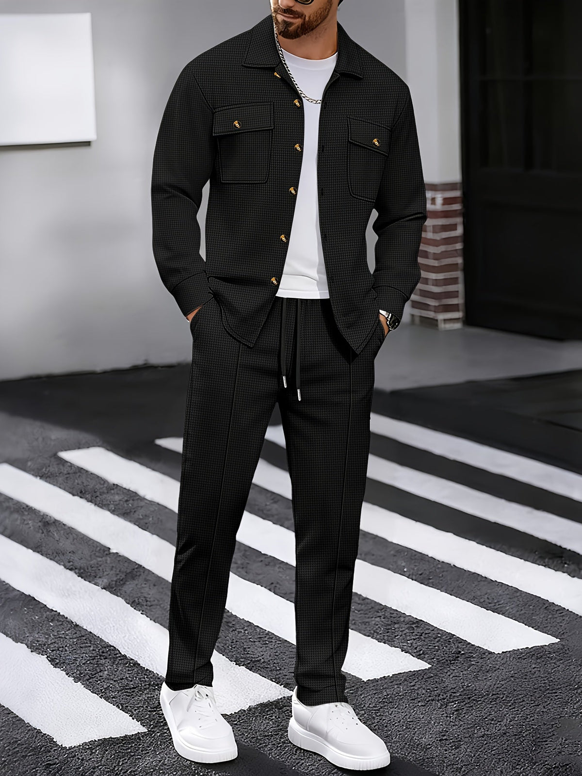 Button Front Top and Matching Trousers with Drawstring Waist, Textured Fabric