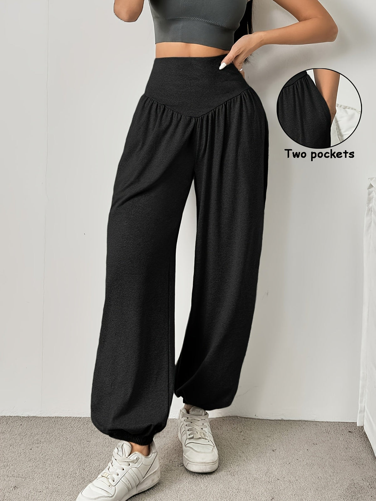High Waist Balloon Pants with Crossover Waistband, Cuffed Ankles and Side Pockets