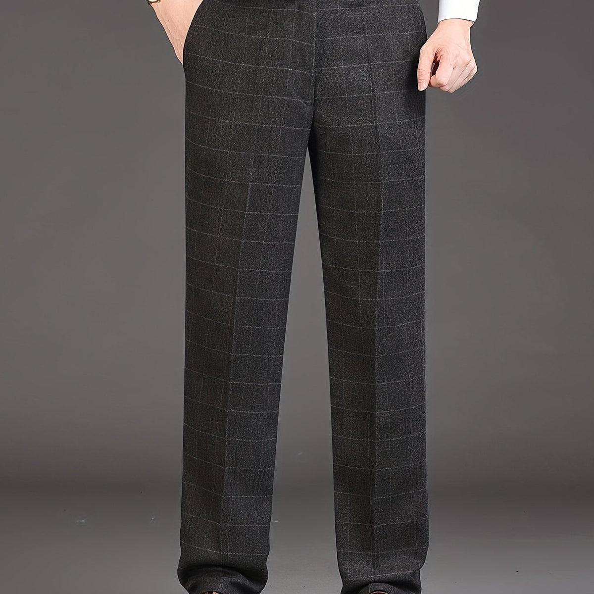 Straight Leg Trousers with High Rise Waist and Check Pattern, Wrinkle Resistant