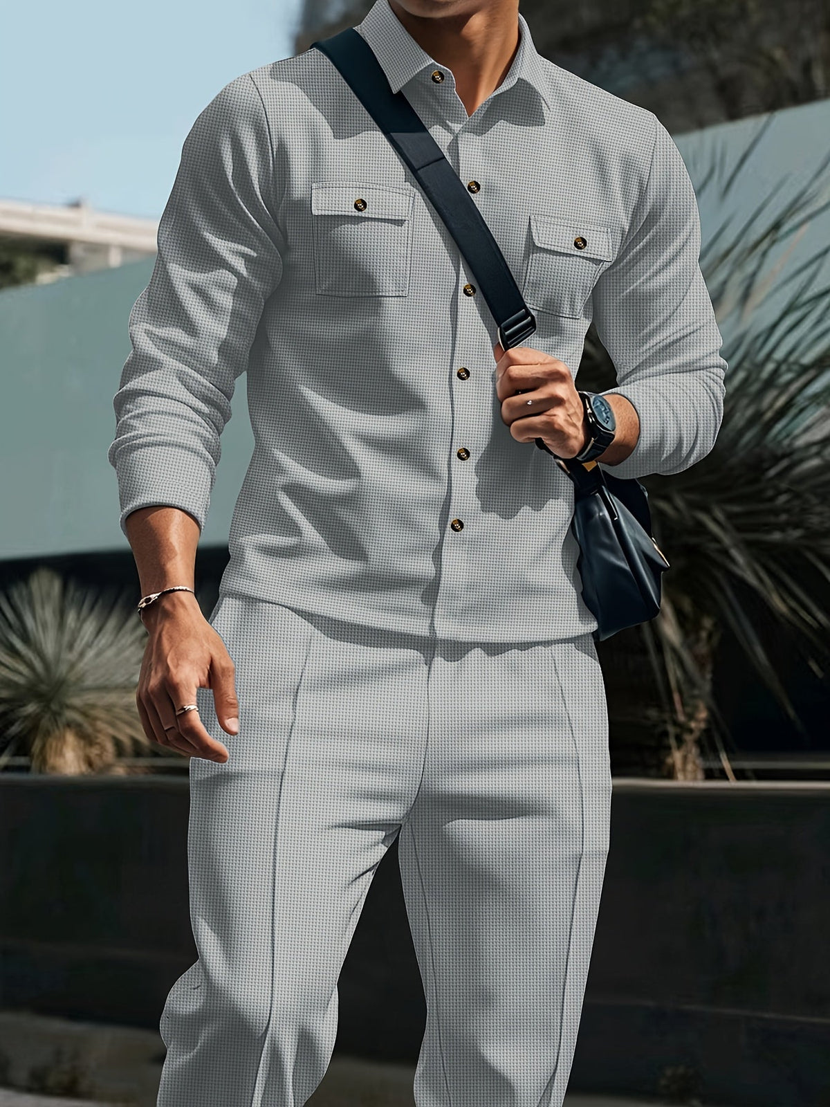 Button Front Top and Matching Trousers with Drawstring Waist, Textured Fabric