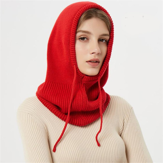 Hooded Knit Hat with Drawstring Closure and Wool Construction