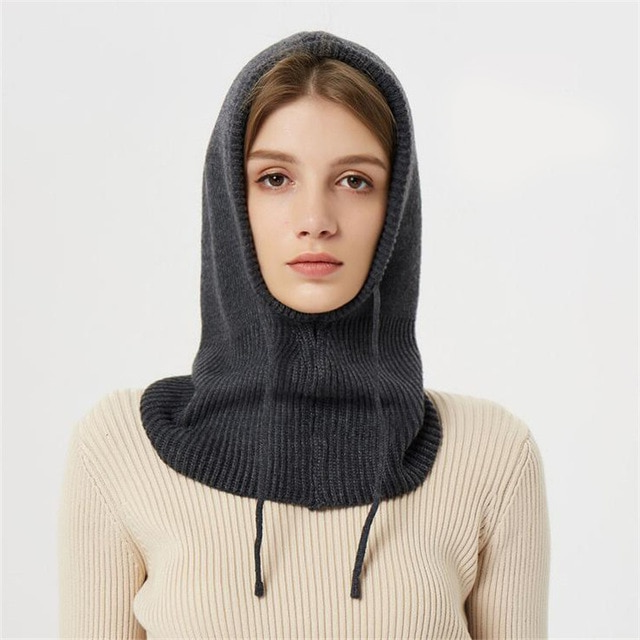 Hooded Knit Hat with Drawstring Closure and Wool Construction