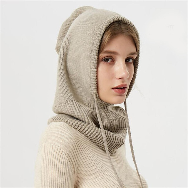 Hooded Knit Hat with Drawstring Closure and Wool Construction