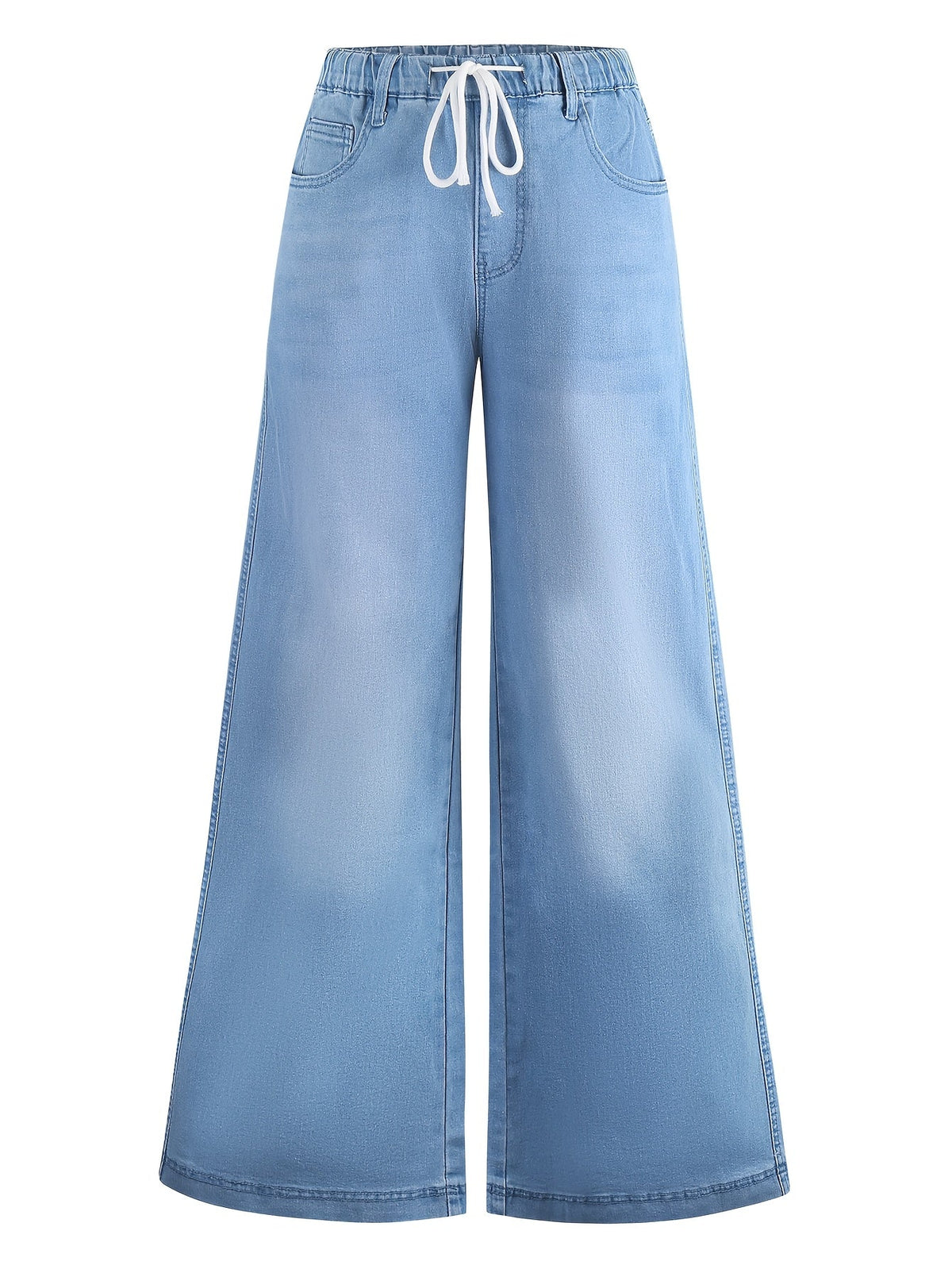 Elastic Waist Wide Leg Pants with High Rise and Functional Pockets