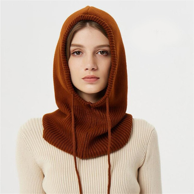 Hooded Knit Hat with Drawstring Closure and Wool Construction