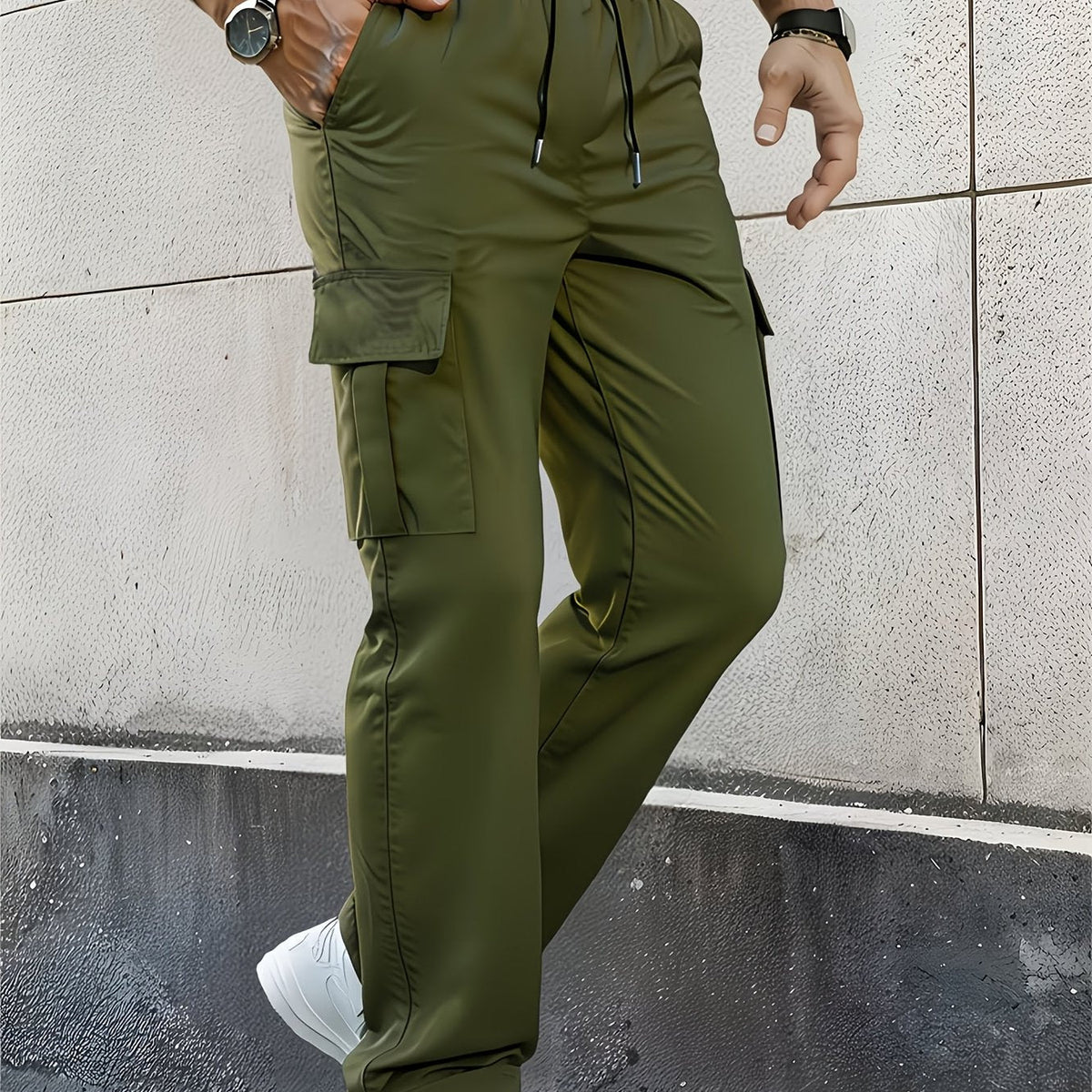 Cargo Pants with Adjustable Drawstring Waist and Multiple Pockets, Straight Leg