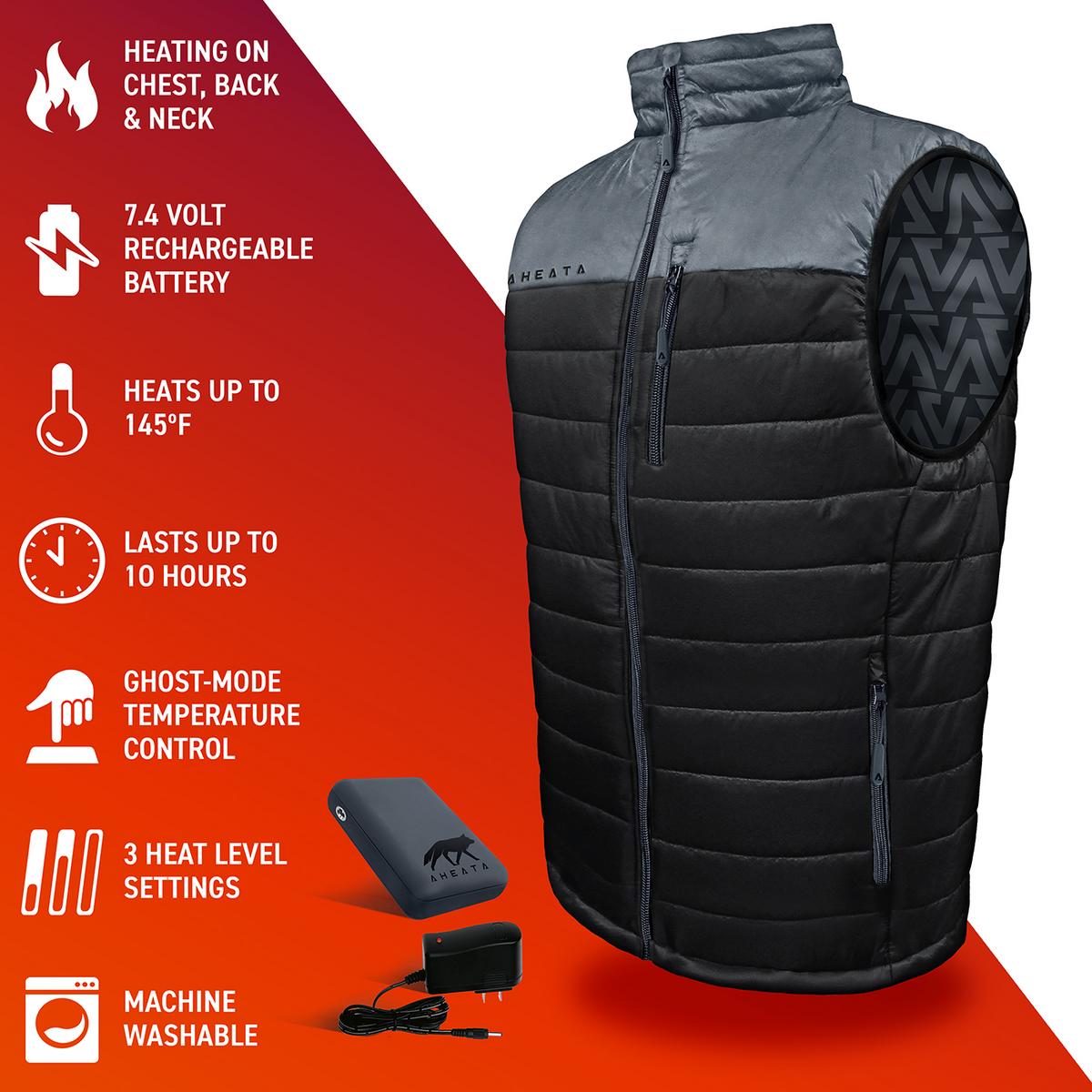 Heated vest with battery and charger showing heating zones and features