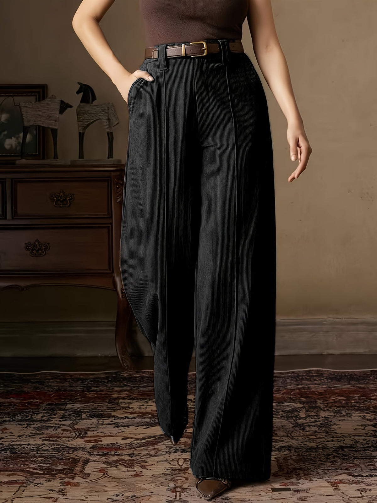 Women's High-Waisted Wide-Leg Trousers with Flat Waistband and Machine Washable Fabric