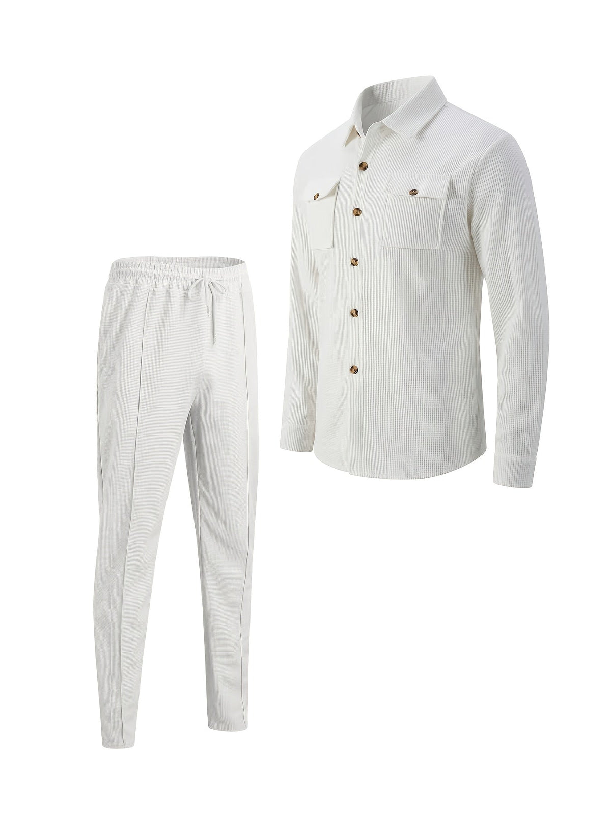 Button Front Top and Matching Trousers with Drawstring Waist, Textured Fabric