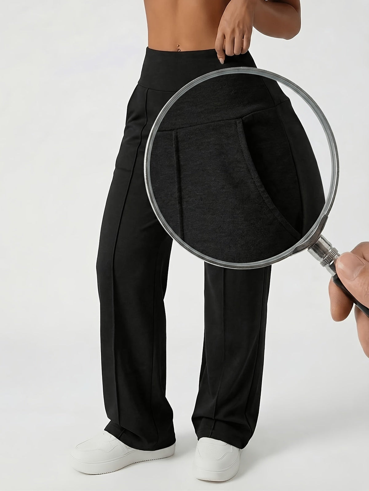 Wide Leg Pants with High Waist and Four Way Stretch, Deep Side Pockets