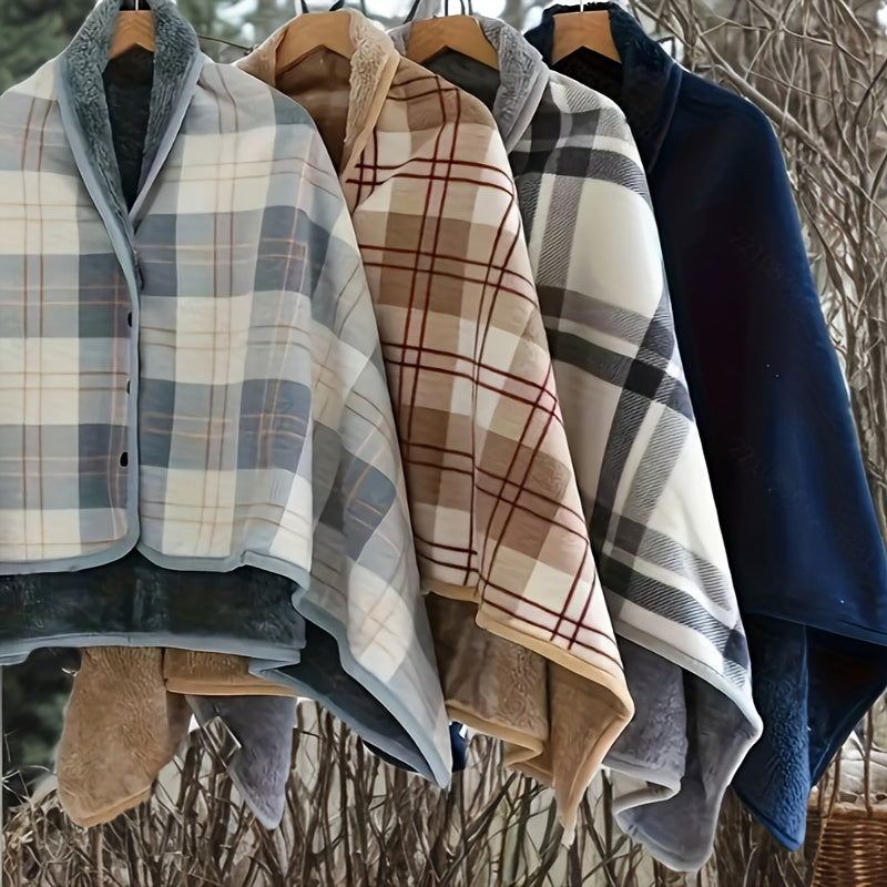 Plaid Shawl with Button Closure and Shoulder Drape Coverage