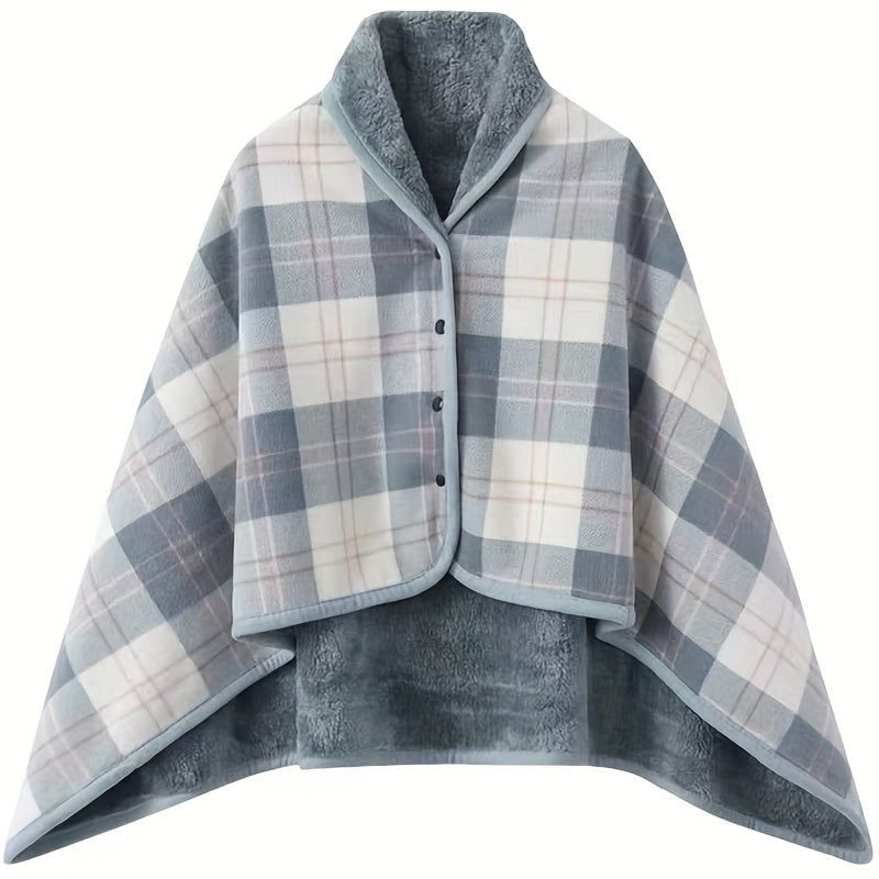 Plaid Shawl with Button Closure and Shoulder Drape Coverage