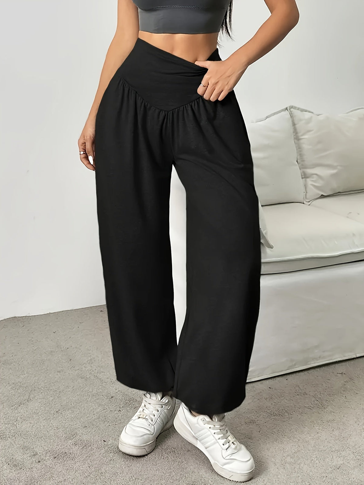High Waist Balloon Pants with Crossover Waistband, Cuffed Ankles and Side Pockets