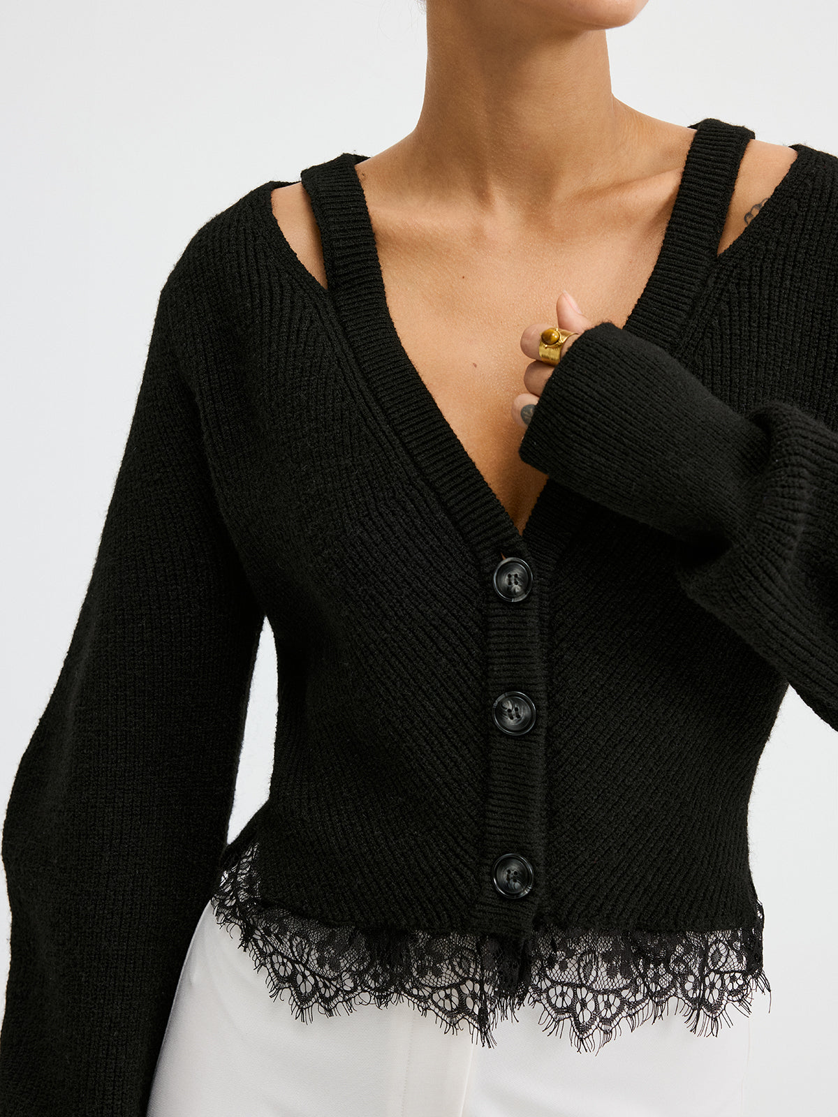 Button Front Knit Cardigan with Lace Hem and Stretch Fabric