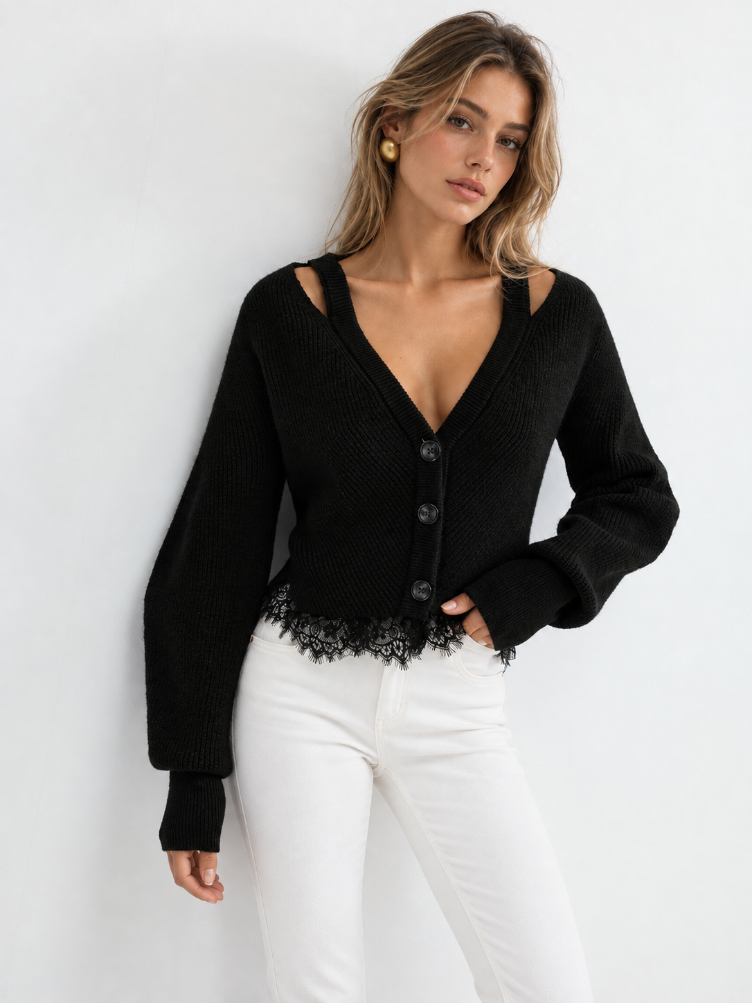 Button Front Knit Cardigan with Lace Hem and Stretch Fabric