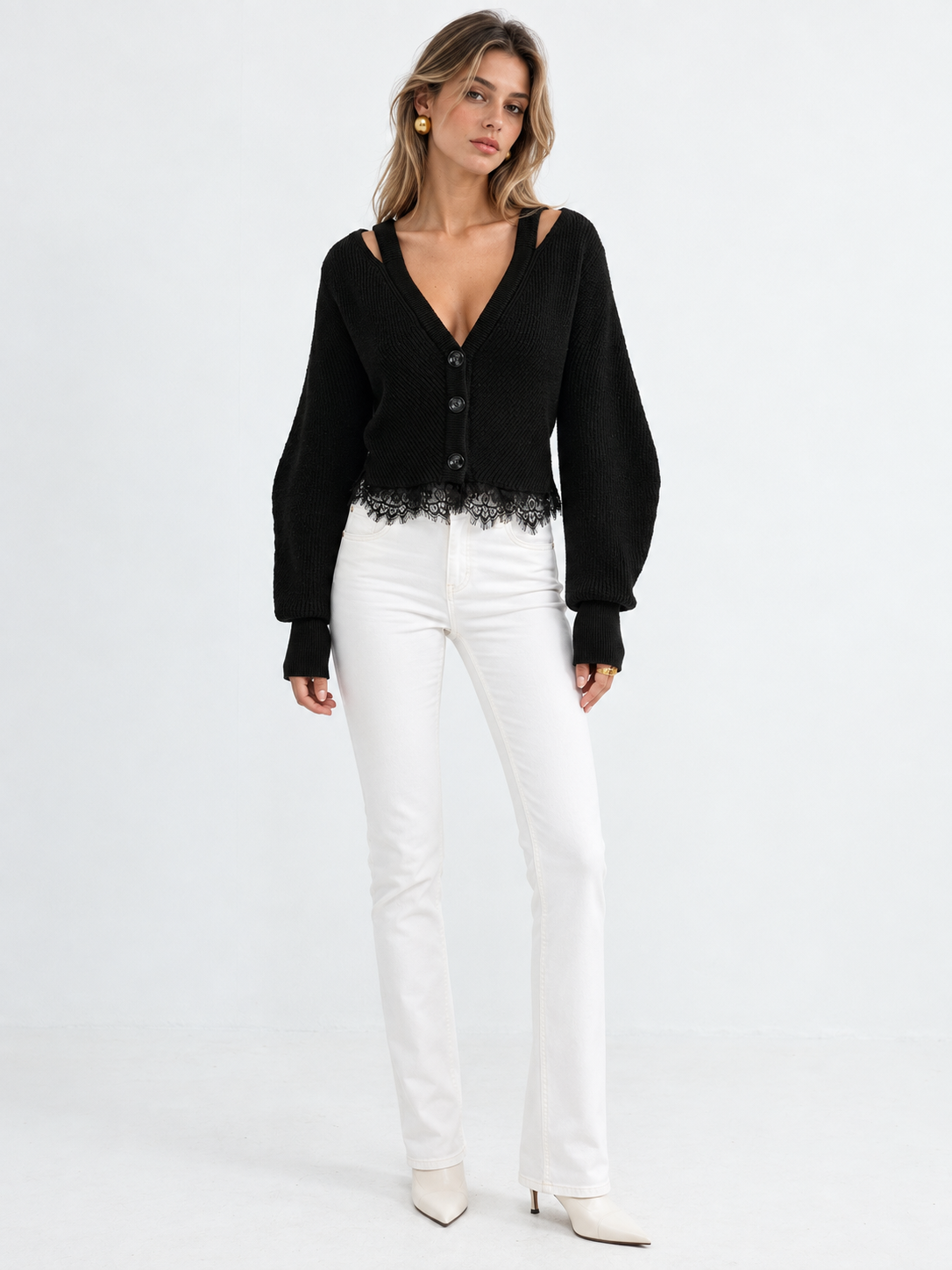 Button Front Knit Cardigan with Lace Hem and Stretch Fabric