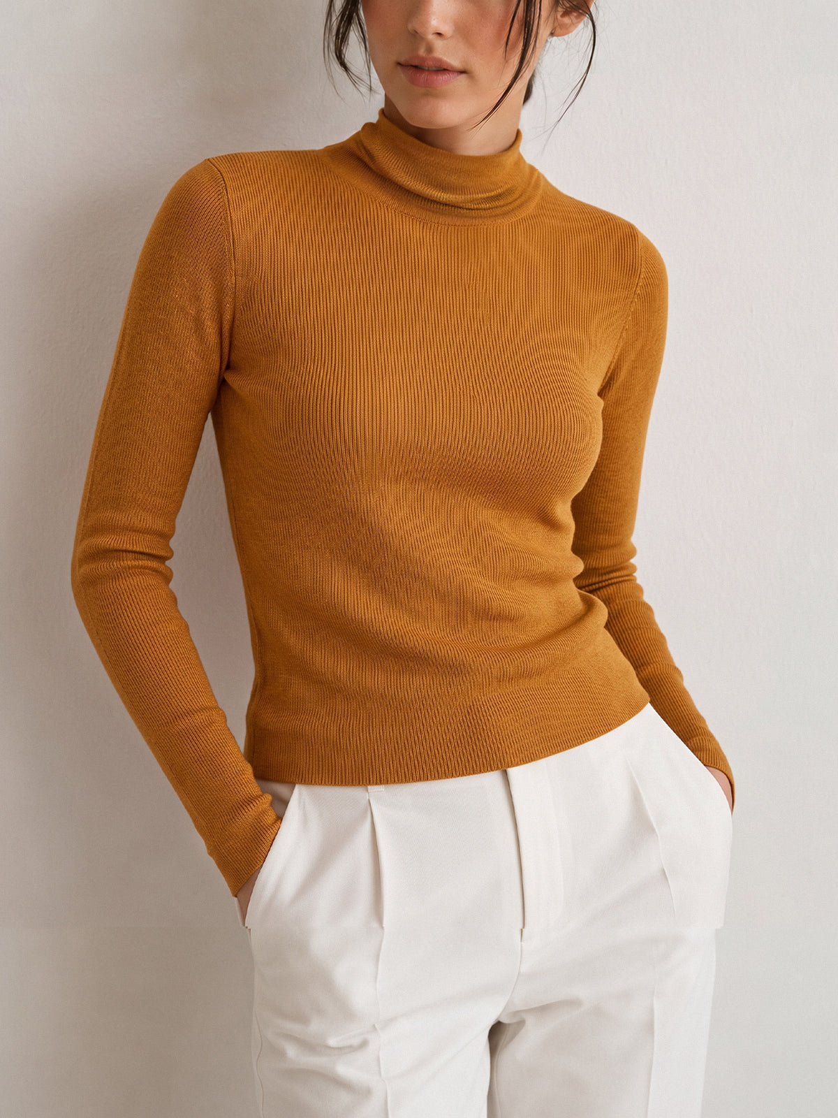 Wool Blend Turtleneck Sweater with Medium Stretch and Slim Fit