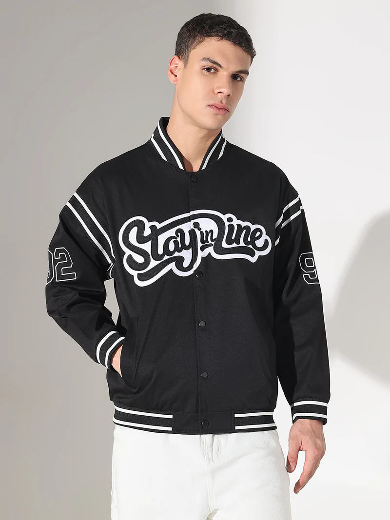Men’s Black Mandarin Collar Varsity Jacket, Typography Graphic