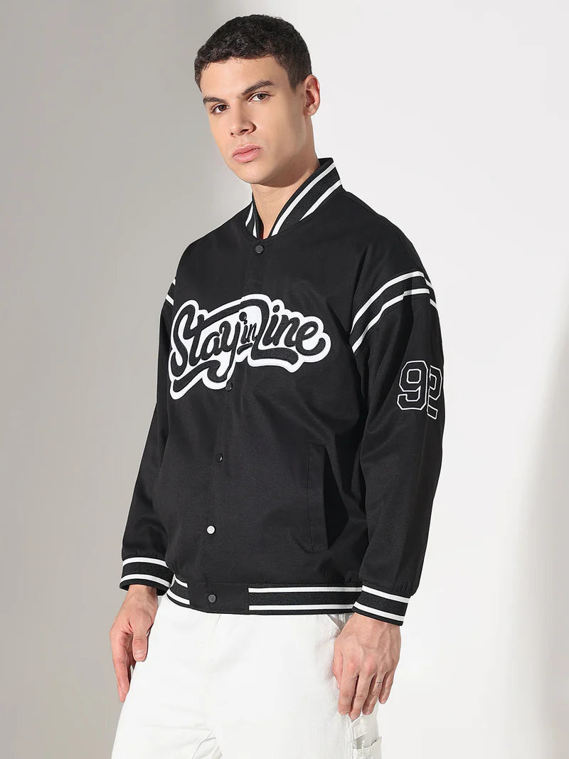 Men’s Black Mandarin Collar Varsity Jacket, Typography Graphic