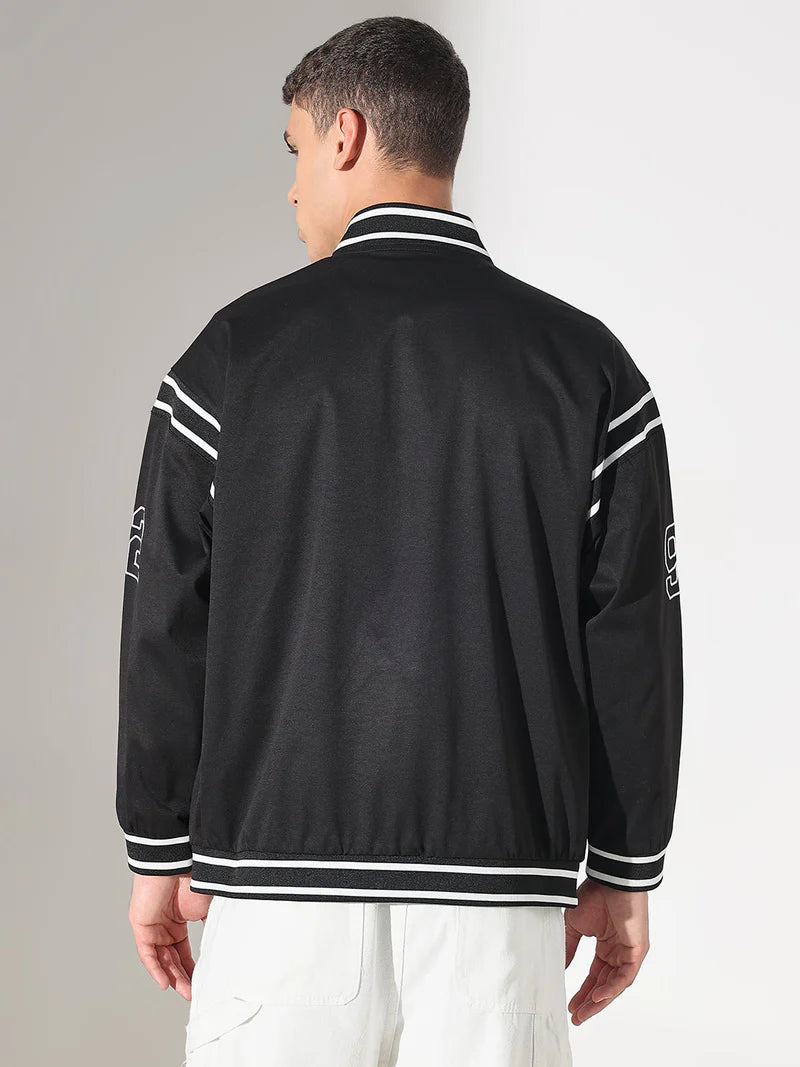 Men’s Black Mandarin Collar Varsity Jacket, Typography Graphic