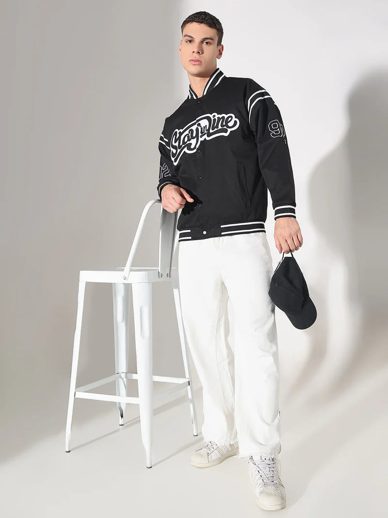 Men’s Black Mandarin Collar Varsity Jacket, Typography Graphic