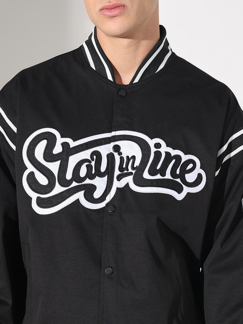 Men’s Black Mandarin Collar Varsity Jacket, Typography Graphic