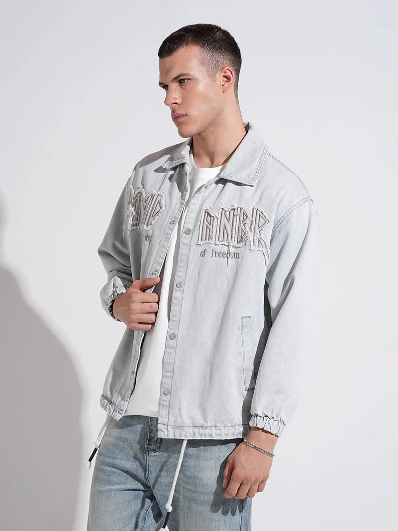 Men’s Gray Typography Denim Jacket, Embroidered Detail