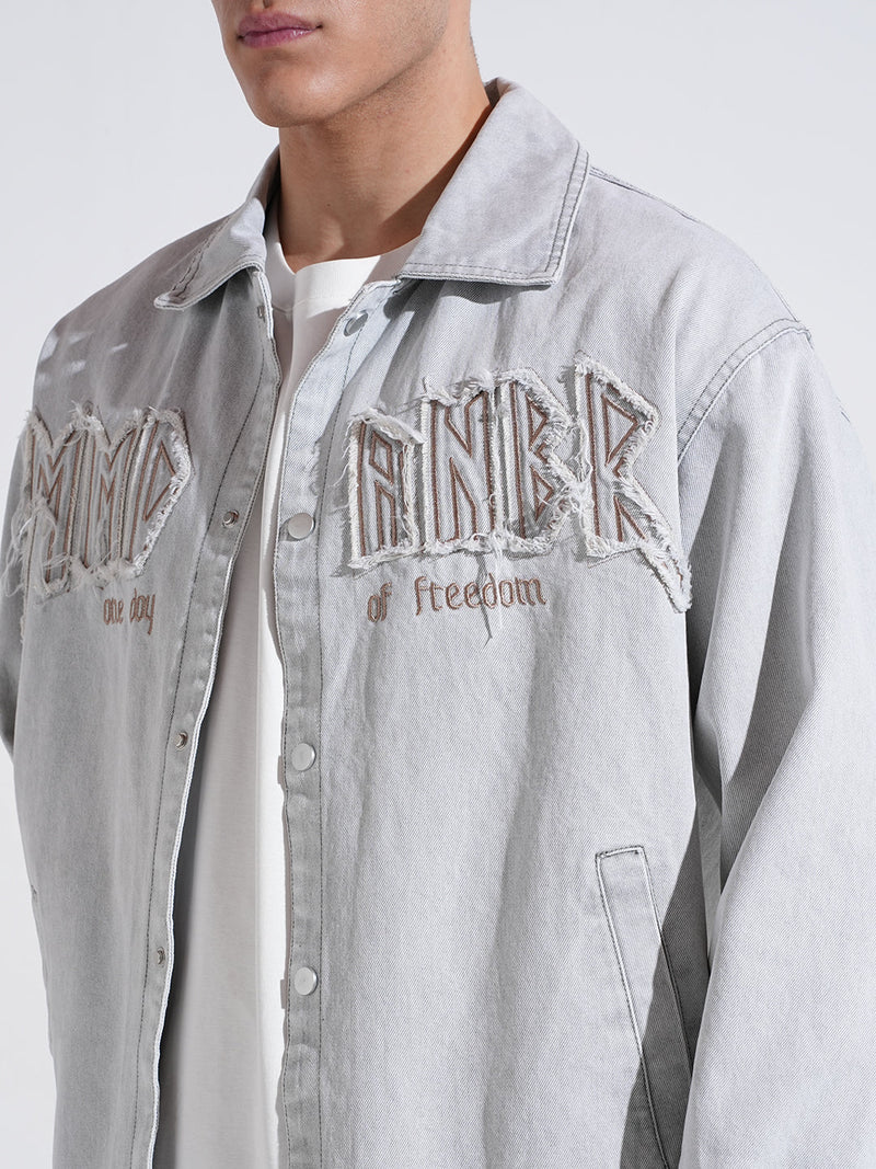 Men’s Gray Typography Denim Jacket, Embroidered Detail