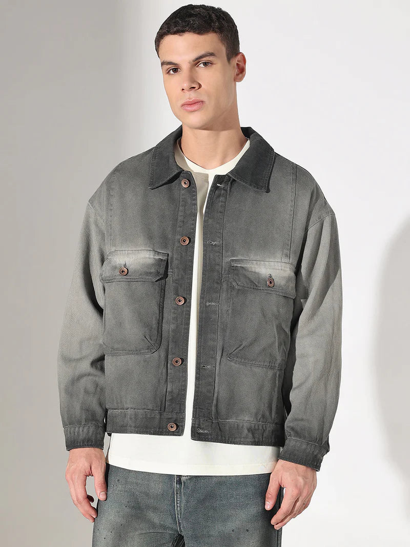 Men’s Grey Washed Denim Jacket, Utility Pocket Design
