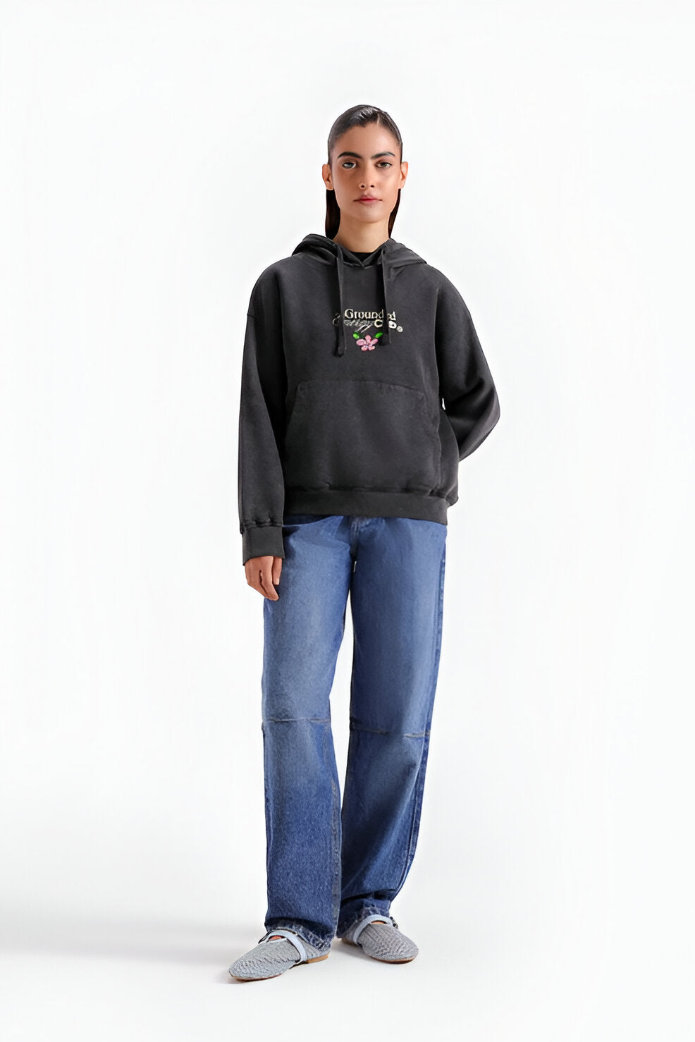 Women’s Washed-Out Black Graphic Hoodie, Kangaroo Pocket